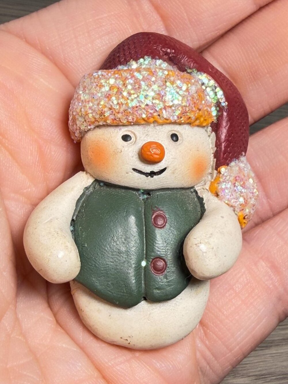 Vintage Snowman Brooch Resin Christmas Pin Glitter Hat Holiday Winter